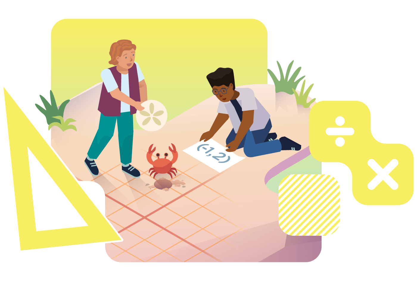 Two children engage in an outdoor math activity. One girl holds a fan near a crab, while a boy writes coordinates on the ground. Geometric shapes and math symbols float around, creating an interactive Desmos classroom experience to amplify their understanding of math concepts.