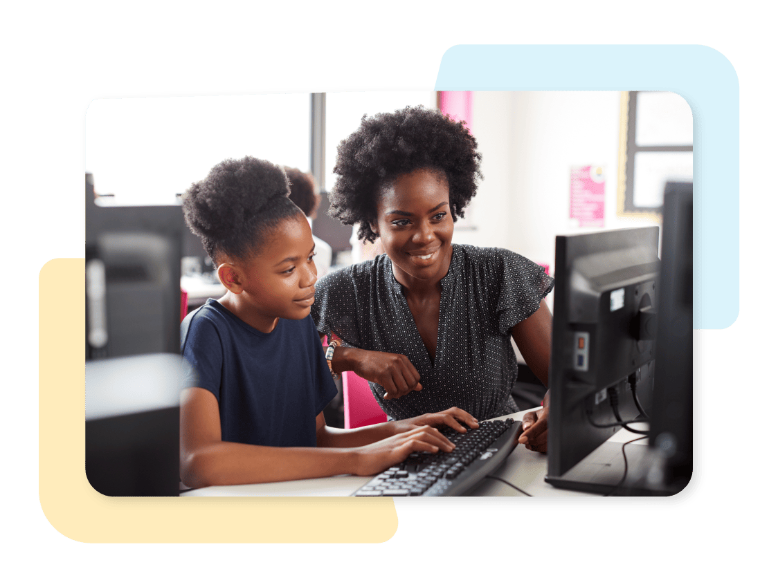 A woman helps a young girl work on a computer in a classroom setting. Both are smiling and focused on the screen. Background has soft shapes in yellow and blue.