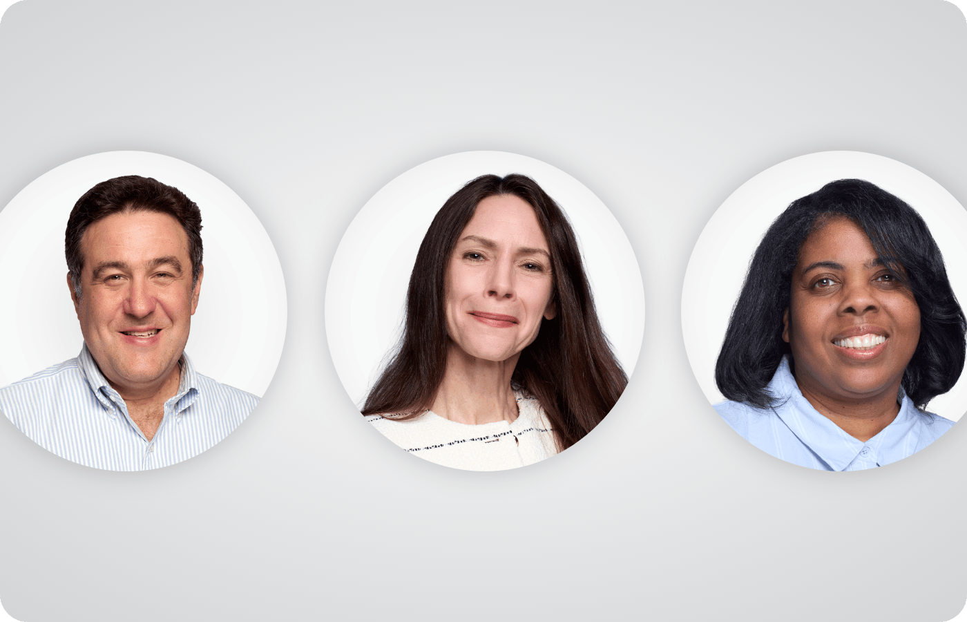 Three people smiling, each in a circular frame on a light grey background.