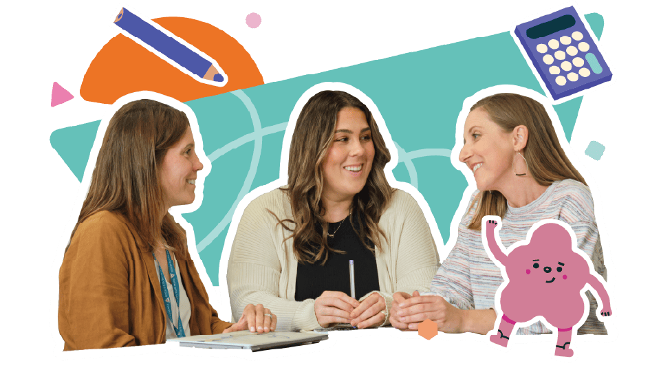 Three women sit at a table with a book, pencil, calculator, and smiling cartoon brain against a colorful abstract background.