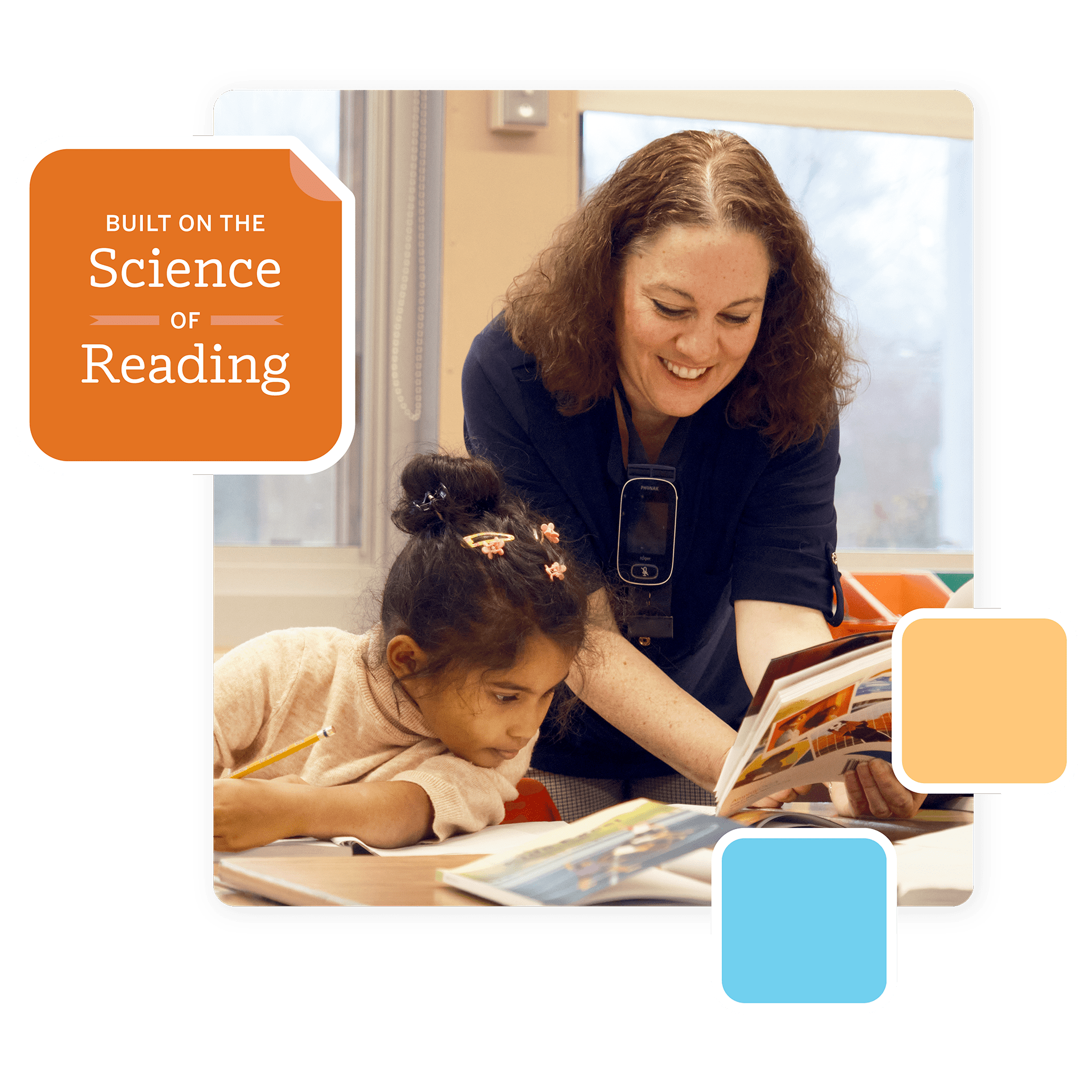 A woman assists a young girl with a book at the table, highlighting the